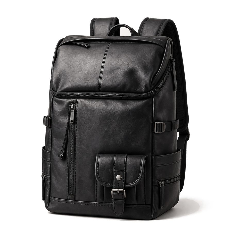 HuaChen black travel PU leather backpack premium studio product image