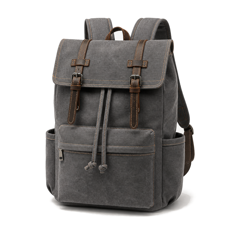 HuaChen grey vintage canvas backpack premium studio product image