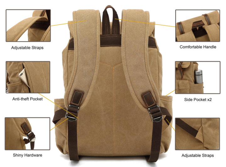 HuaChen Vintage Canvas Backpack for Laptop Hiking - HuaChen