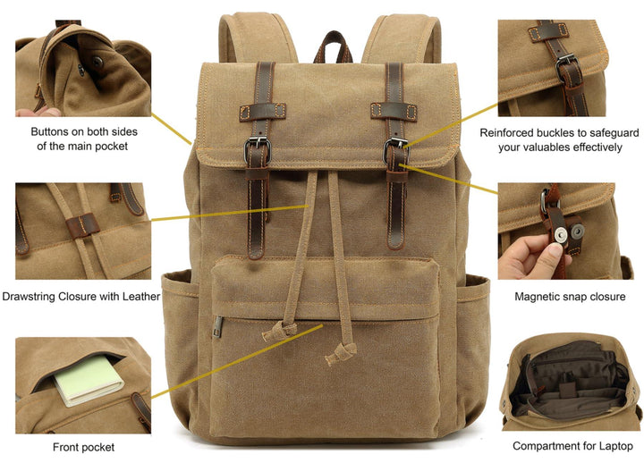 HuaChen Vintage Canvas Backpack for Laptop Hiking - HuaChen