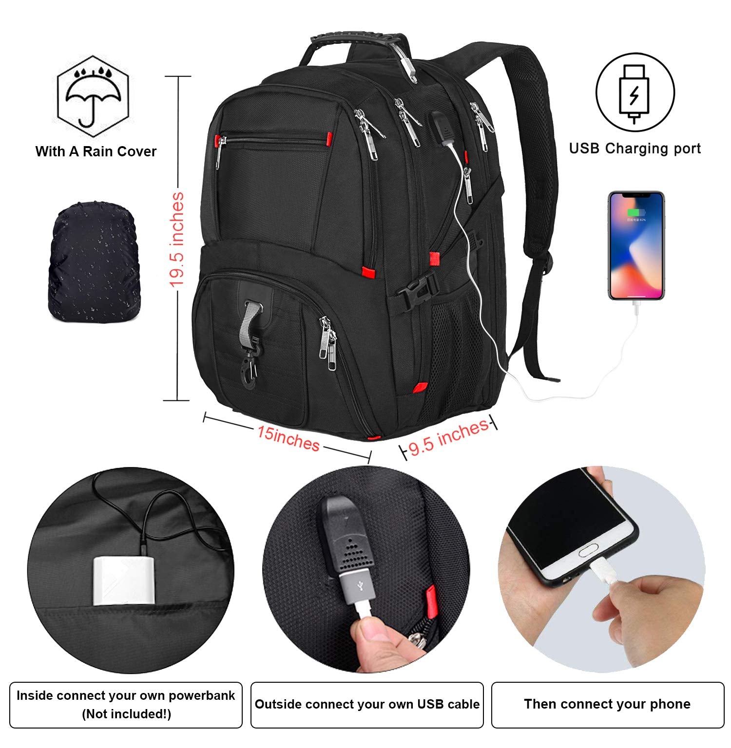 HuaChen 17" Laptop Backpack: USB Port, Water Resistant - HuaChen