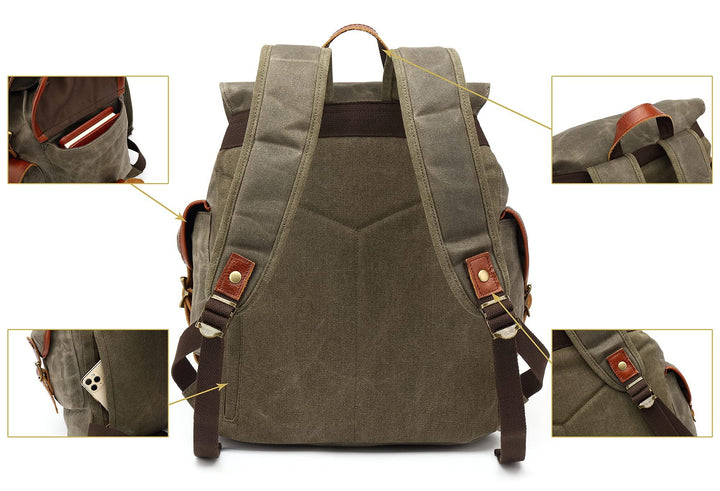 HuaChen Canvas Leather Backpack - Military Tactical Rucksack - HuaChen