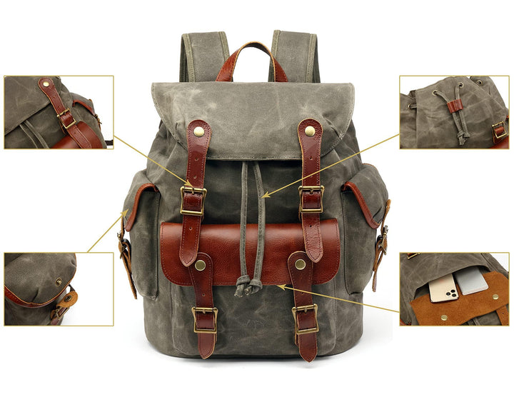 HuaChen Canvas Leather Backpack - Military Tactical Rucksack - HuaChen