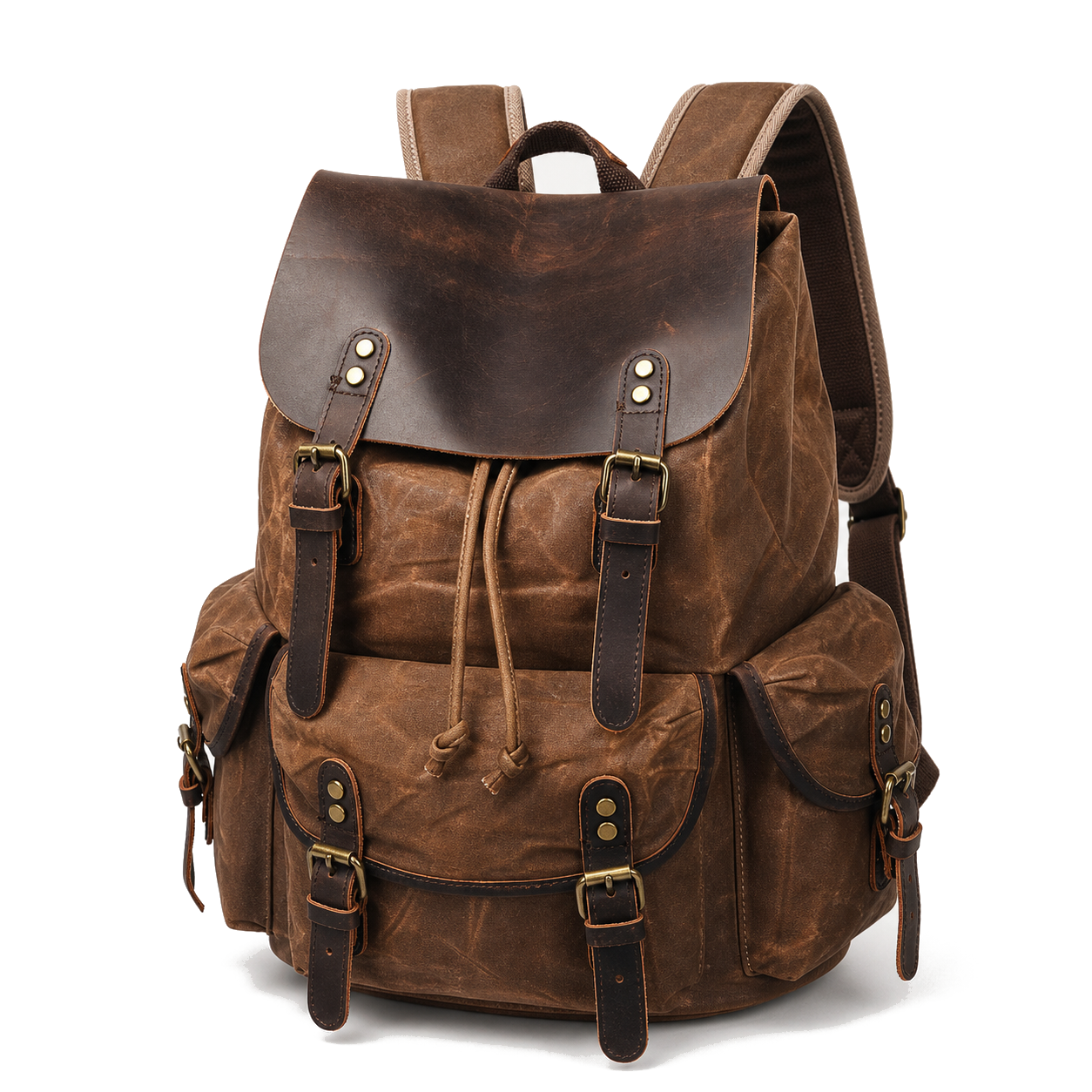 HuaChen brown waxed canvas leather backpack premium studio product image