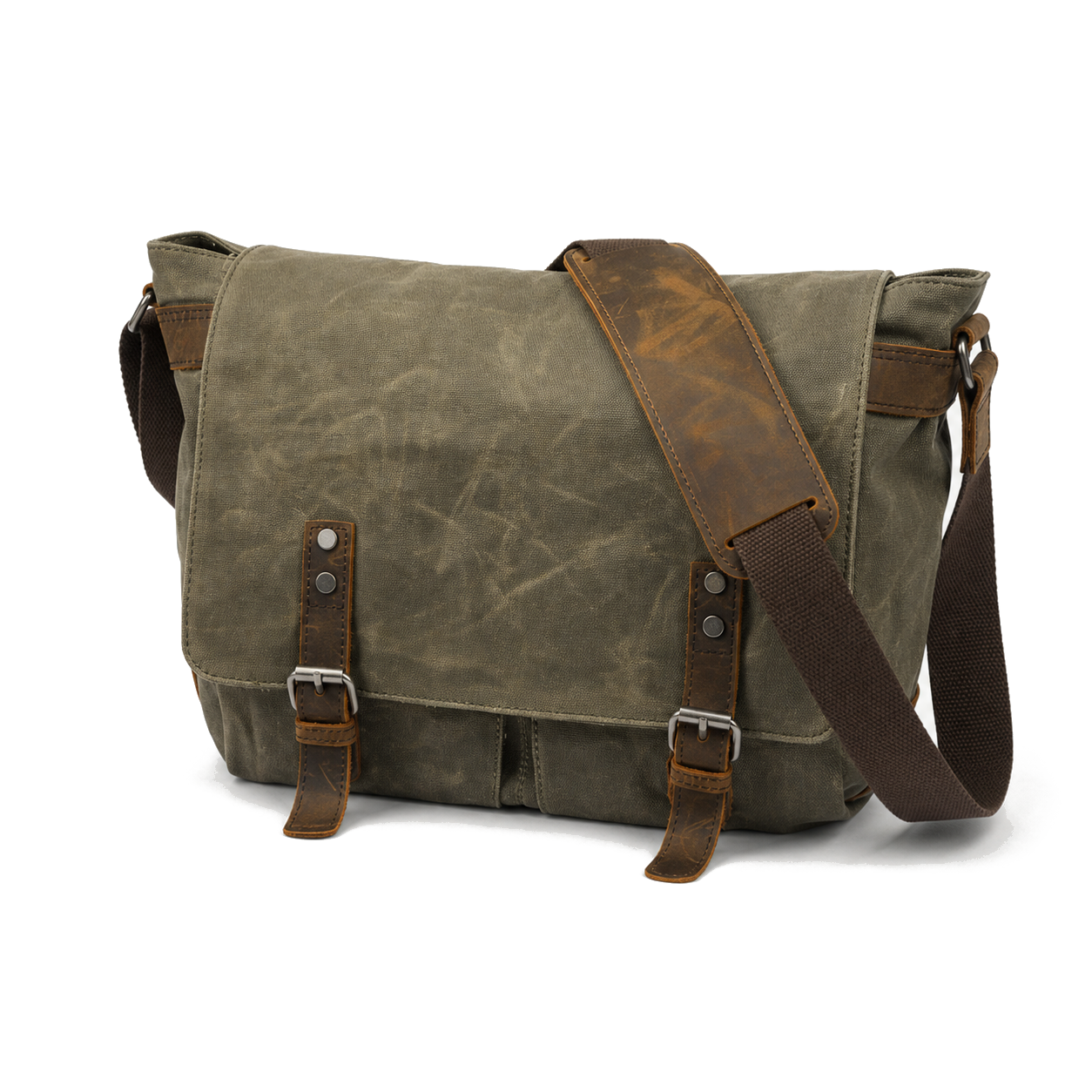 HuaChen army green waxed canvas messenger bag premium studio product image