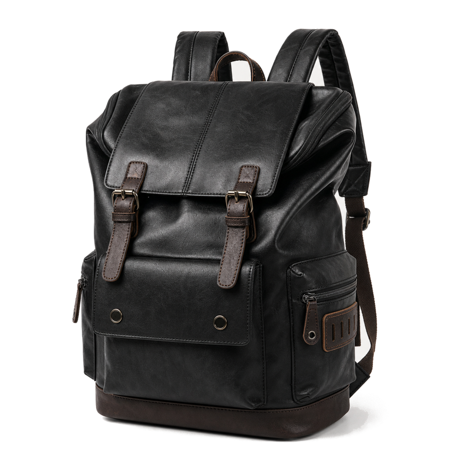 HuaChen black vintage PU leather laptop backpack premium studio product image