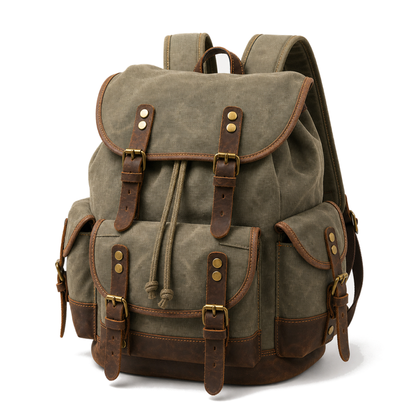 HuaChen vintage waxed canvas leather backpack premium studio product image