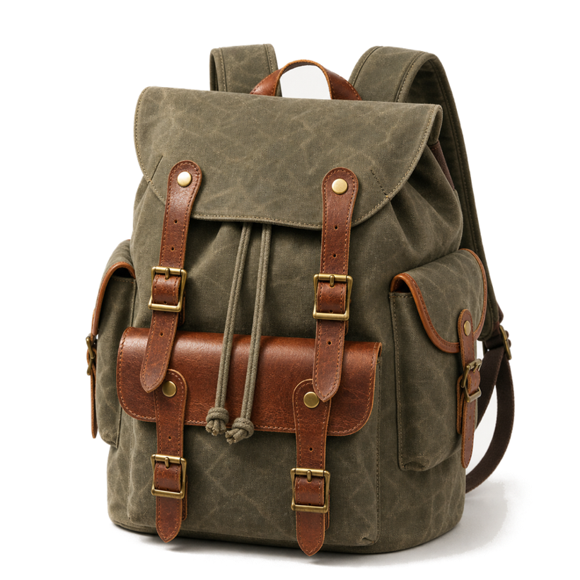 HuaChen army green waxed canvas leather backpack premium studio product image