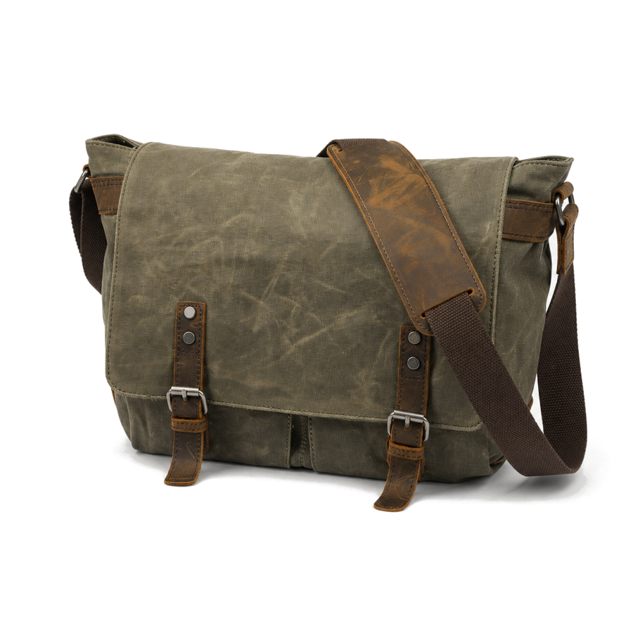 HuaChen army green waxed canvas messenger bag premium studio product image