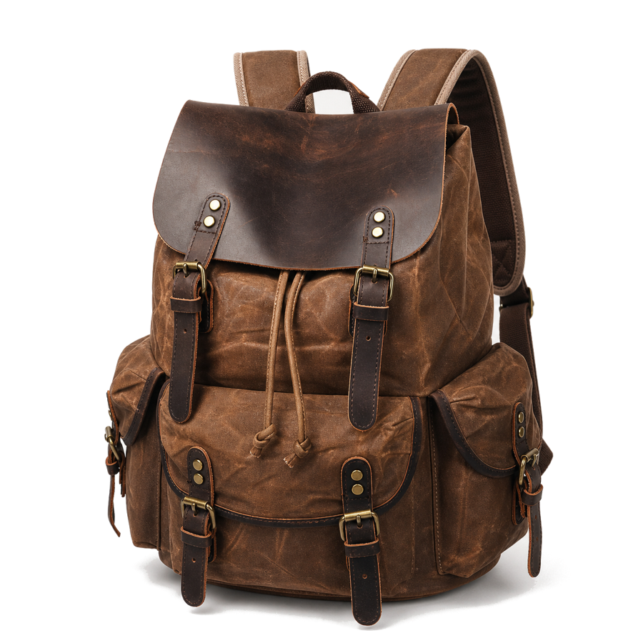 HuaChen brown waxed canvas leather backpack premium studio product image